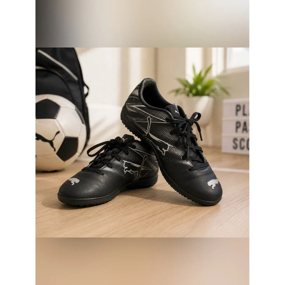Puma Youth Black Athletic Turf Soccer Shoes with Silver Accents